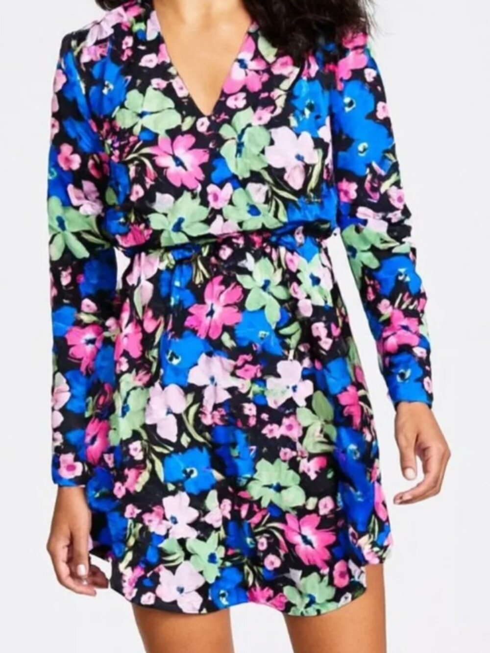 Bar III Women's Printed Long-Sleeve Mini Dress in a bold floral pattern.